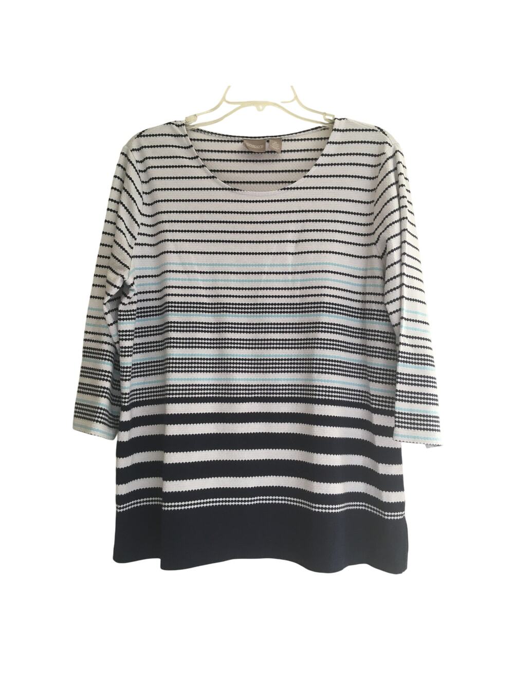 Chico's Size 2 Large Scoop Neck 3/4 Sleeve Navy Aqua Blue & White Stripes